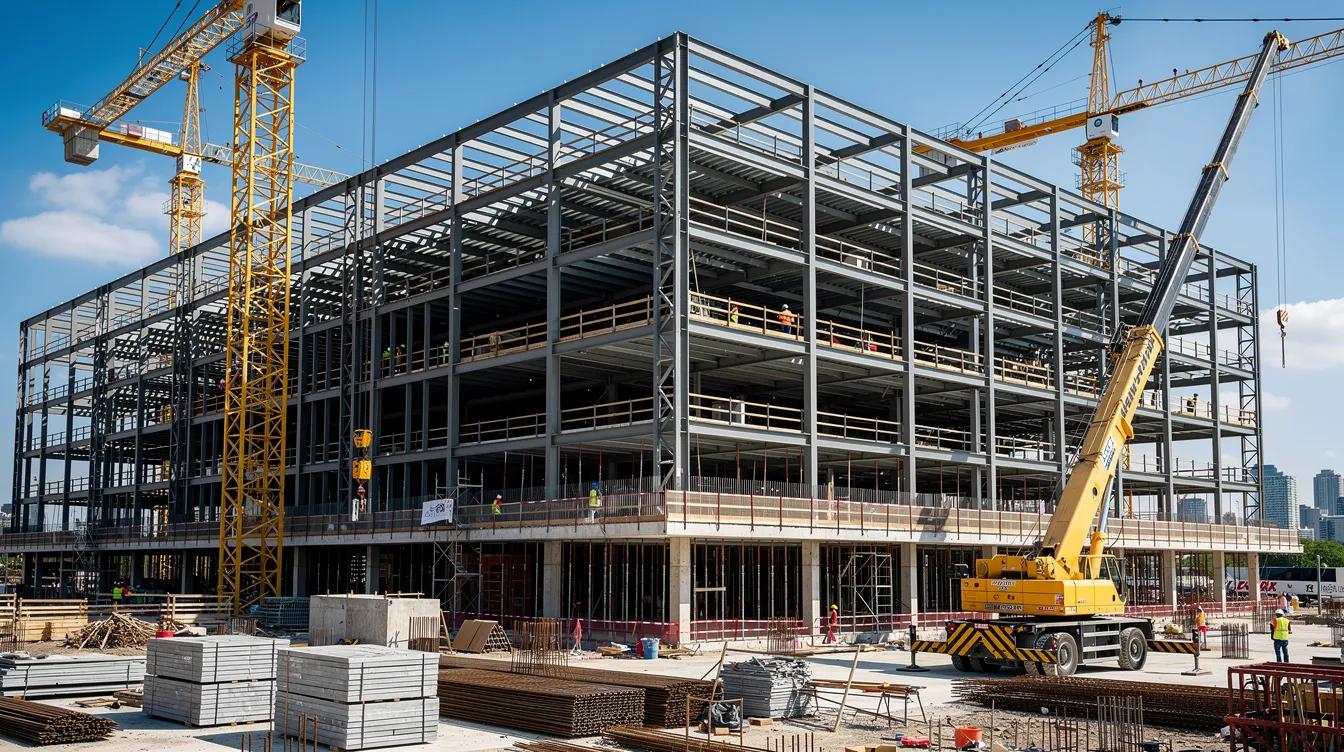 The image depicts a large modern commercial building under construction, showcasing its steel framing and several cranes working on the site. This construction project highlights the ongoing efforts in the construction industry, emphasizing the importance of strong online visibility and effective SEO strategies for construction companies to attract qualified leads and improve search engine rankings.