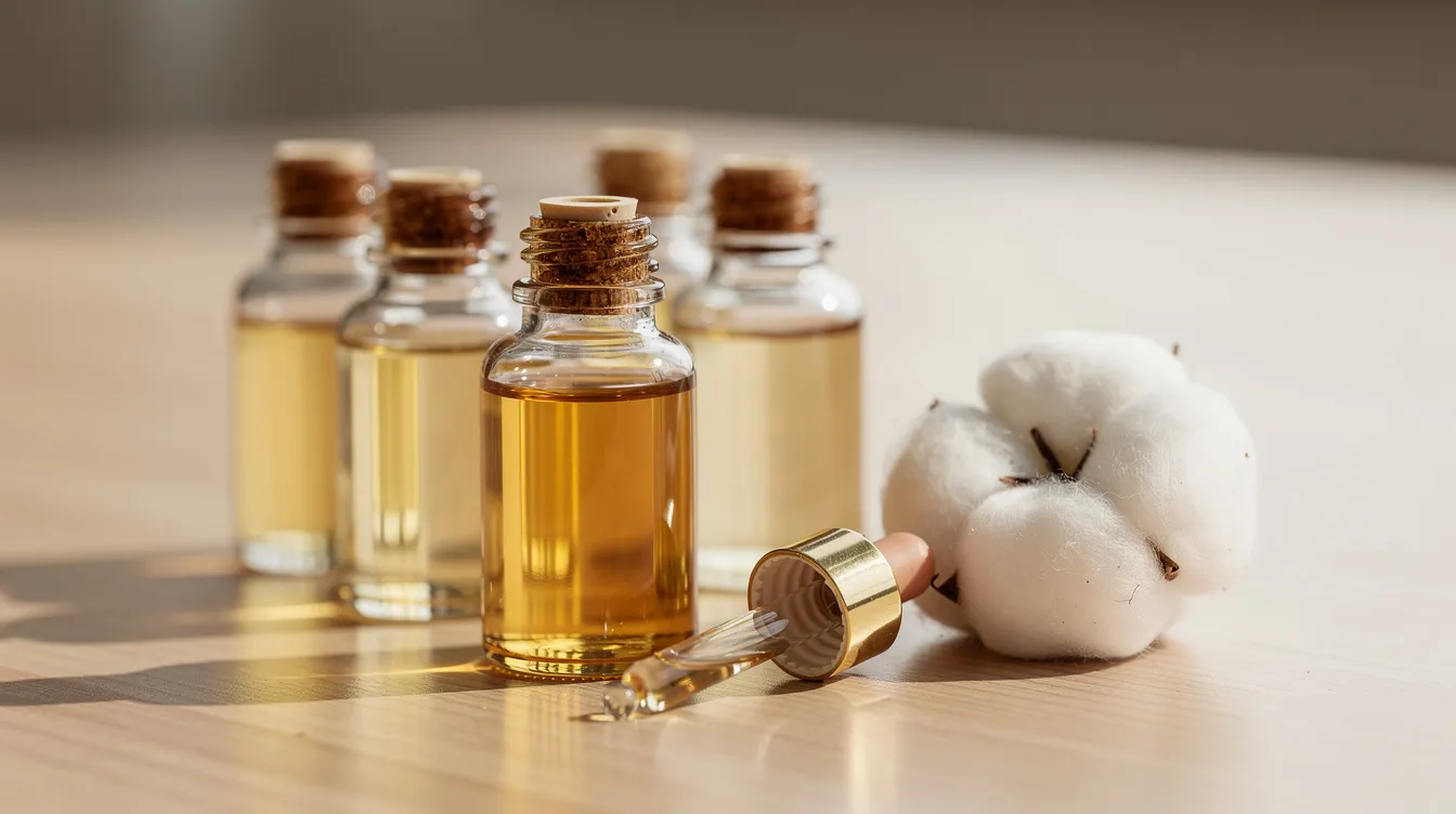 The image features a collection of small glass bottles filled with natural oils, such as tea tree oil and apple cider vinegar, alongside a cotton ball, all arranged on a rustic wooden surface. These items may be used as home remedies for skin conditions, including skin tag removal, highlighting various treatment options available for benign growths.