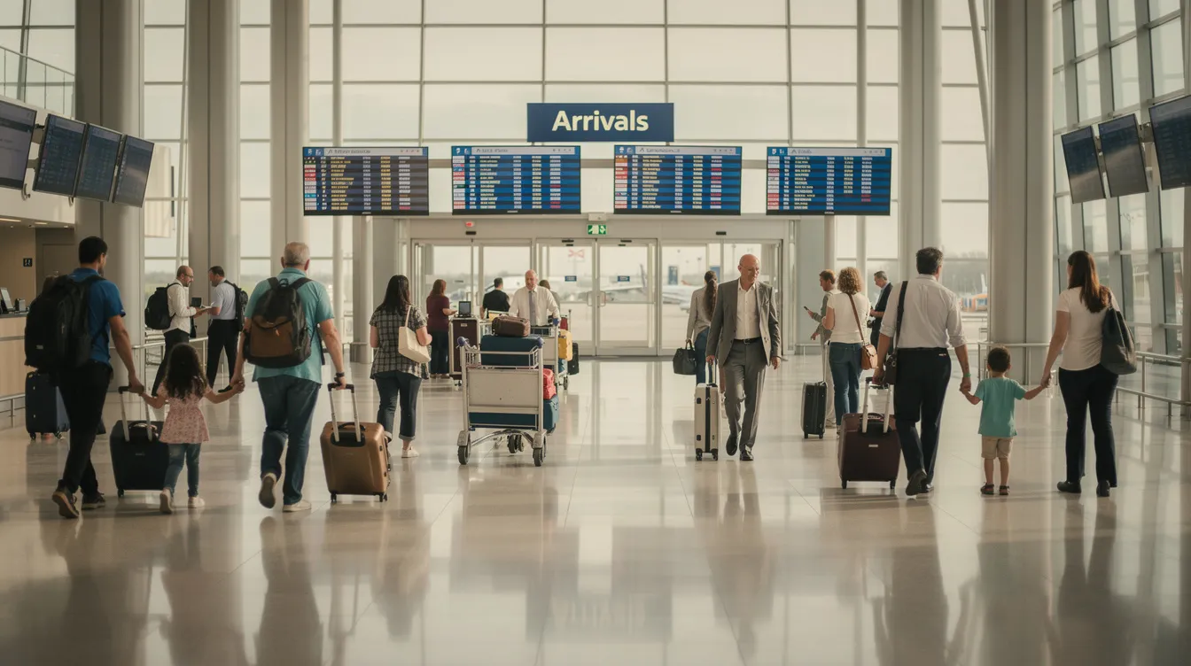 The image depicts travelers walking through a modern airport arrivals hall, each carrying luggage as they navigate towards the exit. The bustling environment suggests a mix of business and leisure travelers, possibly arriving for business meetings or short stay business trips in Ireland.