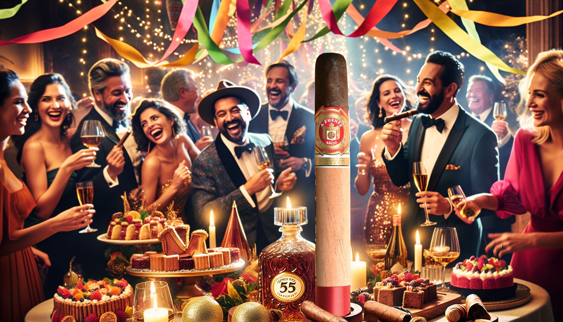 A cartoon illustration of a special occasion featuring the Arturo Fuente Anejo No. 55 Torpedo cigar.