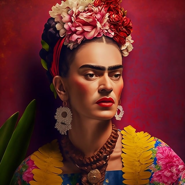 A digital artwork of Frida Kahlo wearing colorful flowers in her hair, large earrings, and traditional Mexican clothing.