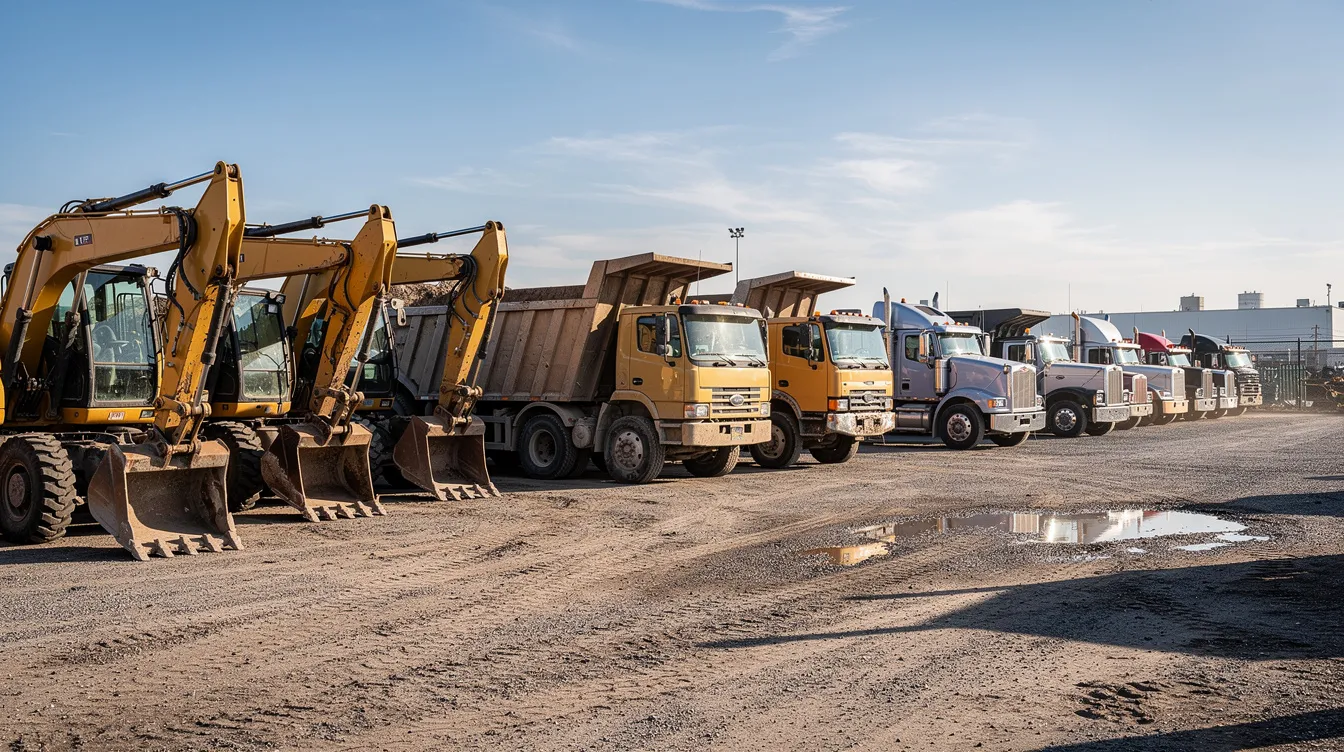 A wide shot captures a row of excavators, dump trucks, and semi trucks parked neatly in an equipment yard under a clear blue sky, showcasing a variety of used equipment available for potential buyers. This scene highlights the heavy equipment industry, where serious buyers can explore options for their fleet and connect with dealers for selling solutions.