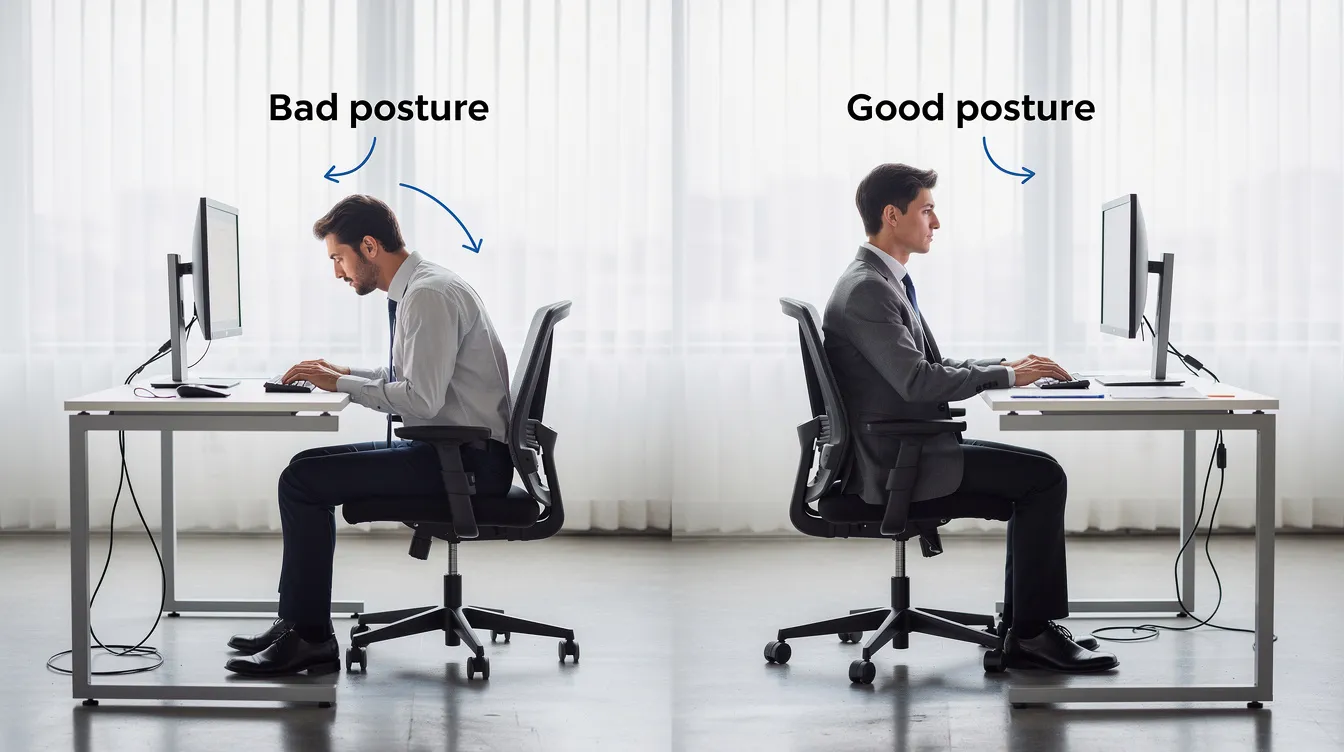 The image shows a person sitting at a desk with slouched posture on one side, contrasting with another individual maintaining good posture at a computer workstation. This visual highlights the importance of proper alignment to prevent neck and shoulder pain, emphasizing how poor posture can lead to muscle tension and discomfort in the upper body.
