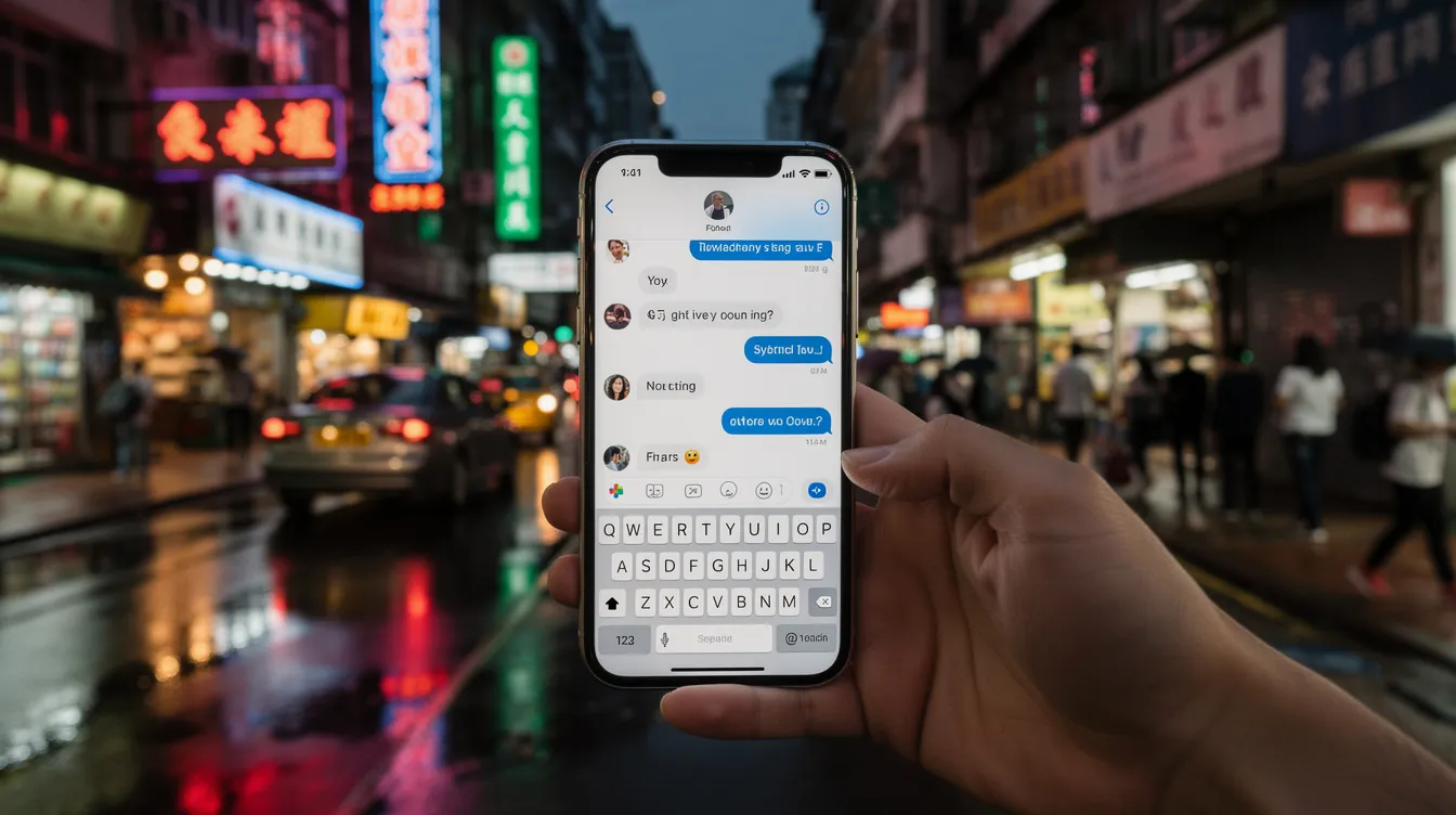 A person is standing on a bustling street in Hong Kong, holding a smartphone that displays a chat application, possibly WhatsApp, with various messages visible. The scene captures the urban environment, emphasizing the importance of verifying the identity of contacts to prevent scams and protect personal information.