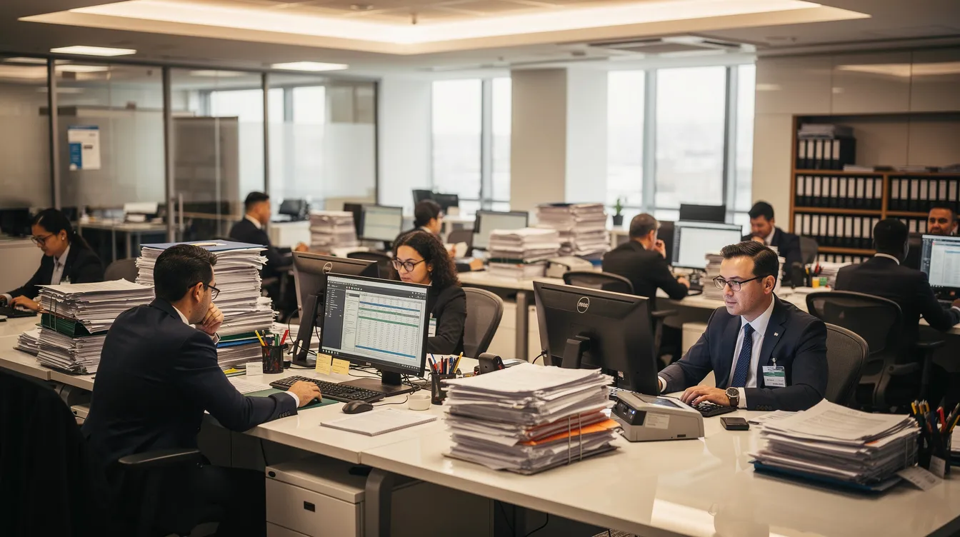 The image depicts a busy bank office interior filled with stacks of paper files on desks, where staff members are actively working at computers, likely managing financial assistance and processing various loans, including those under the Pradhan Mantri Mudra Yojana (PMMY) for small enterprises. The atmosphere reflects a dynamic environment typical of a financial institution focused on supporting income-generating micro enterprises.