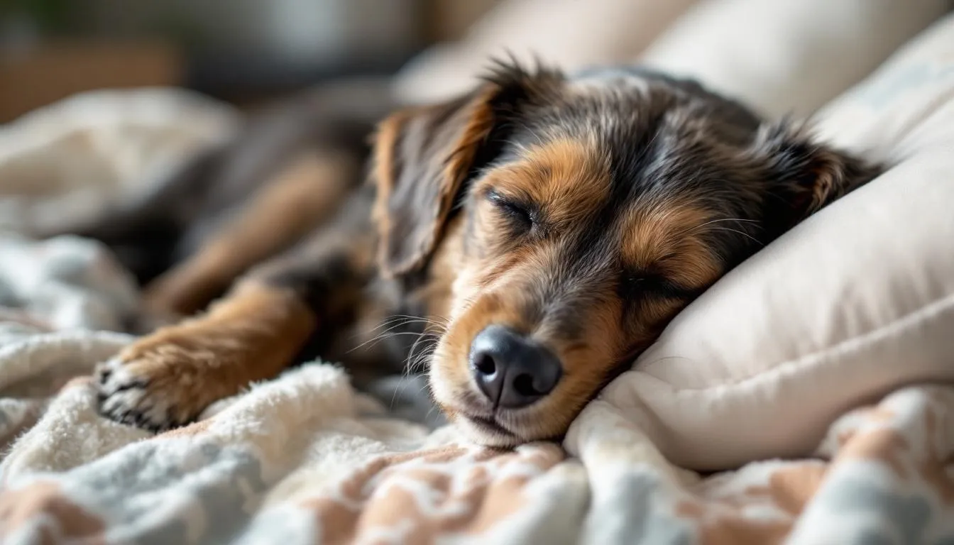 A calm dog rests peacefully, exhibiting the mild sedative effects of a proper Benadryl treatment, which helps alleviate allergy symptoms. The image captures the dog