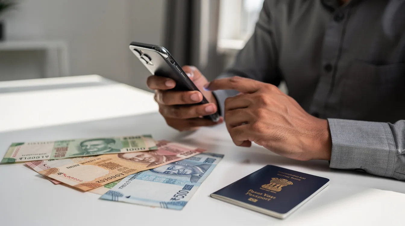A person is seated at a desk, using a smartphone while surrounded by Indian currency notes and a passport, suggesting they are preparing for an international money transfer. The scene reflects the essential tools for managing funds and banking activities, possibly involving the Gujarat State Cooperative Bank's services.