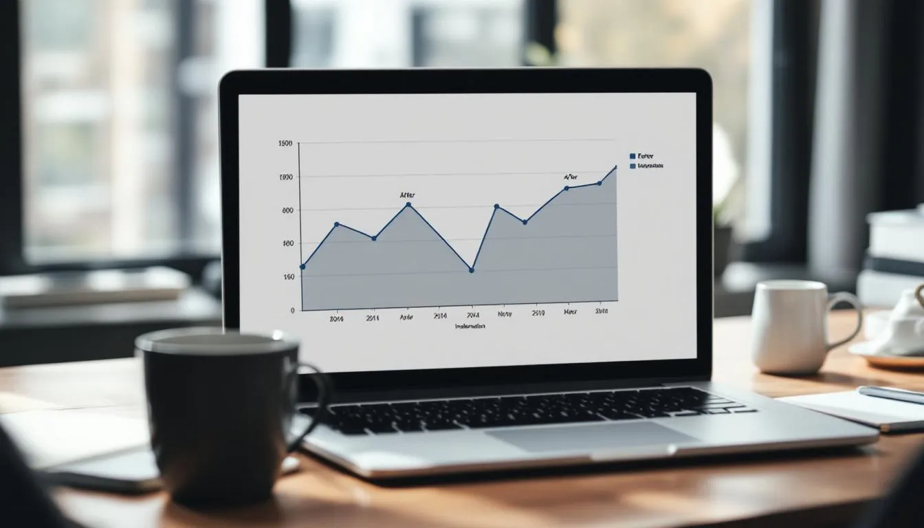 Gráfico en una computadora que muestra métricas de rendimiento y mejoras en un salón de belleza tras la implementación de un software de gestión. Los datos reflejan el aumento en reservas y ventas, destacando los beneficios de la automatización de marketing para salones.