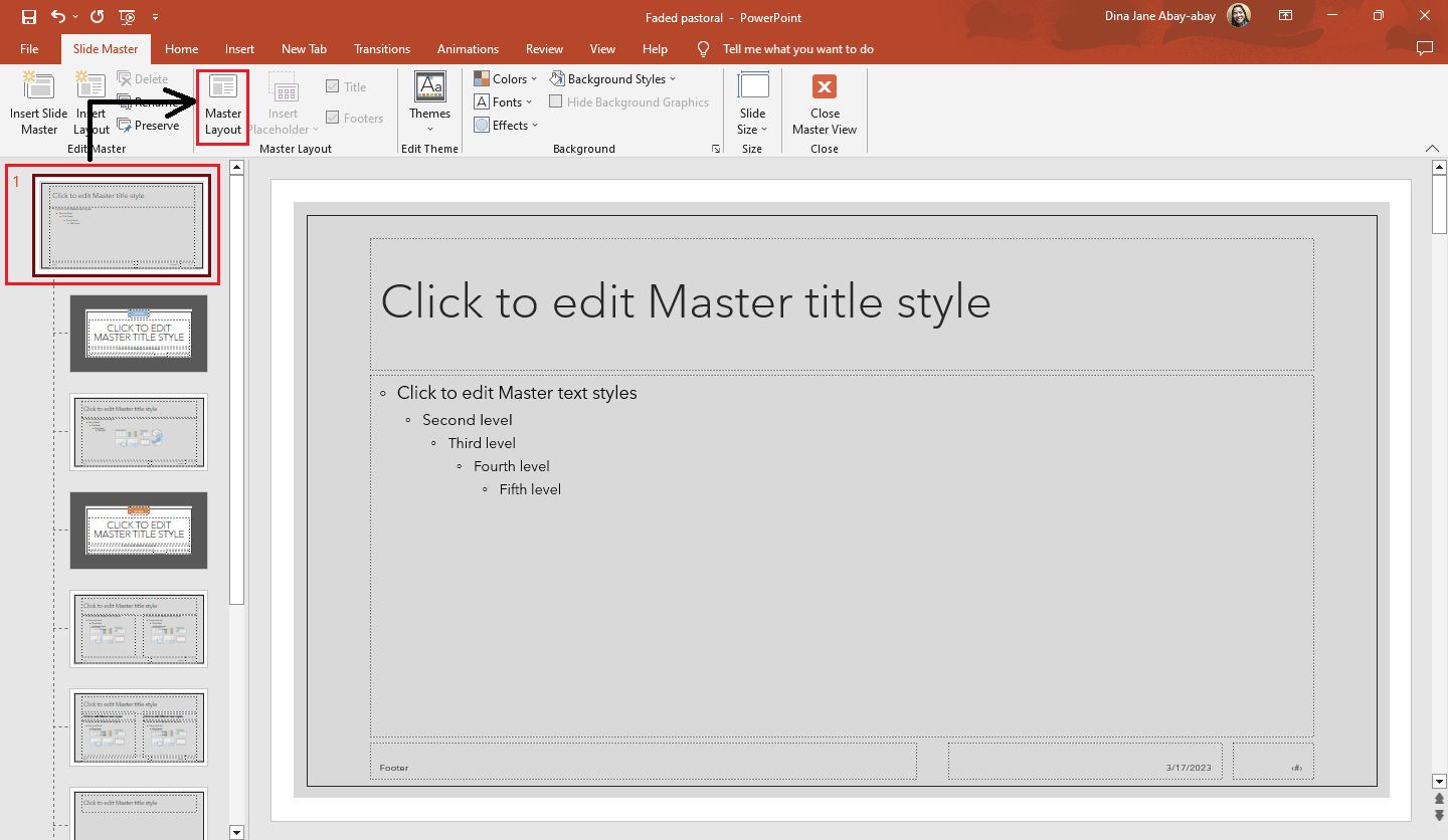 Select the Master Slide presentation and click the "Master Layout"