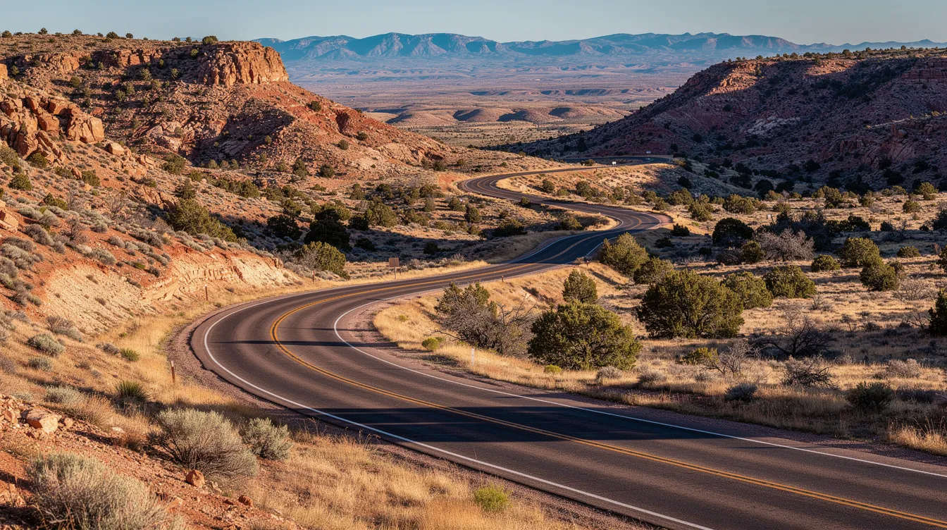 The image depicts a winding mountain road in the New Mexico desert, showcasing its curves and open landscape. This scenic route is often traveled by motorcycle riders, who should be aware of the unique challenges they face, including the potential for serious injuries in motorcycle accidents.