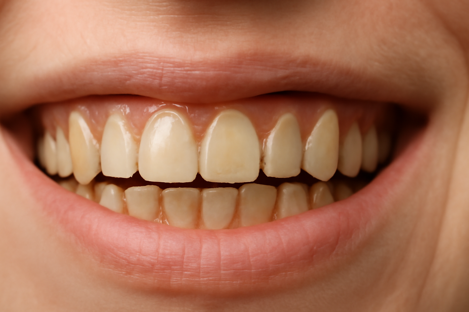 En nærbilde av et smil med tegn på erosjon og lett gjennomskinnelighet på de fire øvre fortennene."