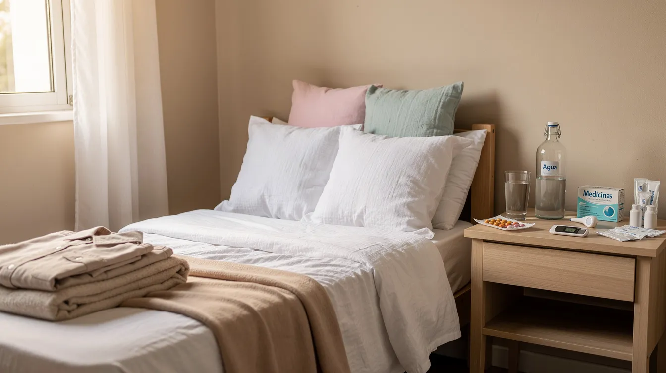 Un dormitorio preparado para la recuperación después de una abdominoplastia, con almohadas apiladas para mayor comodidad, ropa cómoda doblada y una mesa auxiliar que contiene agua y suministros médicos esenciales para el proceso de curación. Este espacio refleja un ambiente acogedor y funcional para facilitar la recuperación postoperatoria.