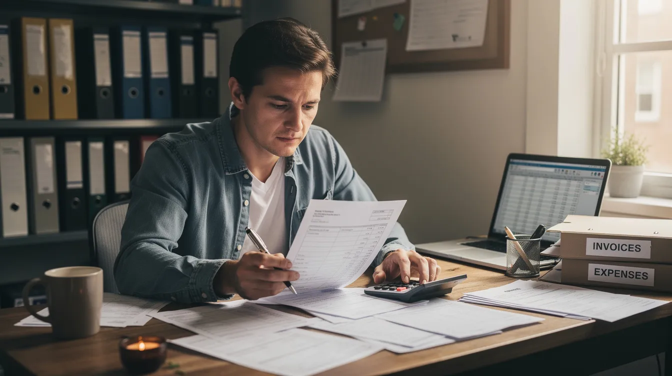 A small business owner is seated at a desk, intently reviewing financial papers and using a calculator to analyze cash flow and financial projections. The scene reflects the meticulous work involved in preparing a detailed project report for a potential mudra loan application.