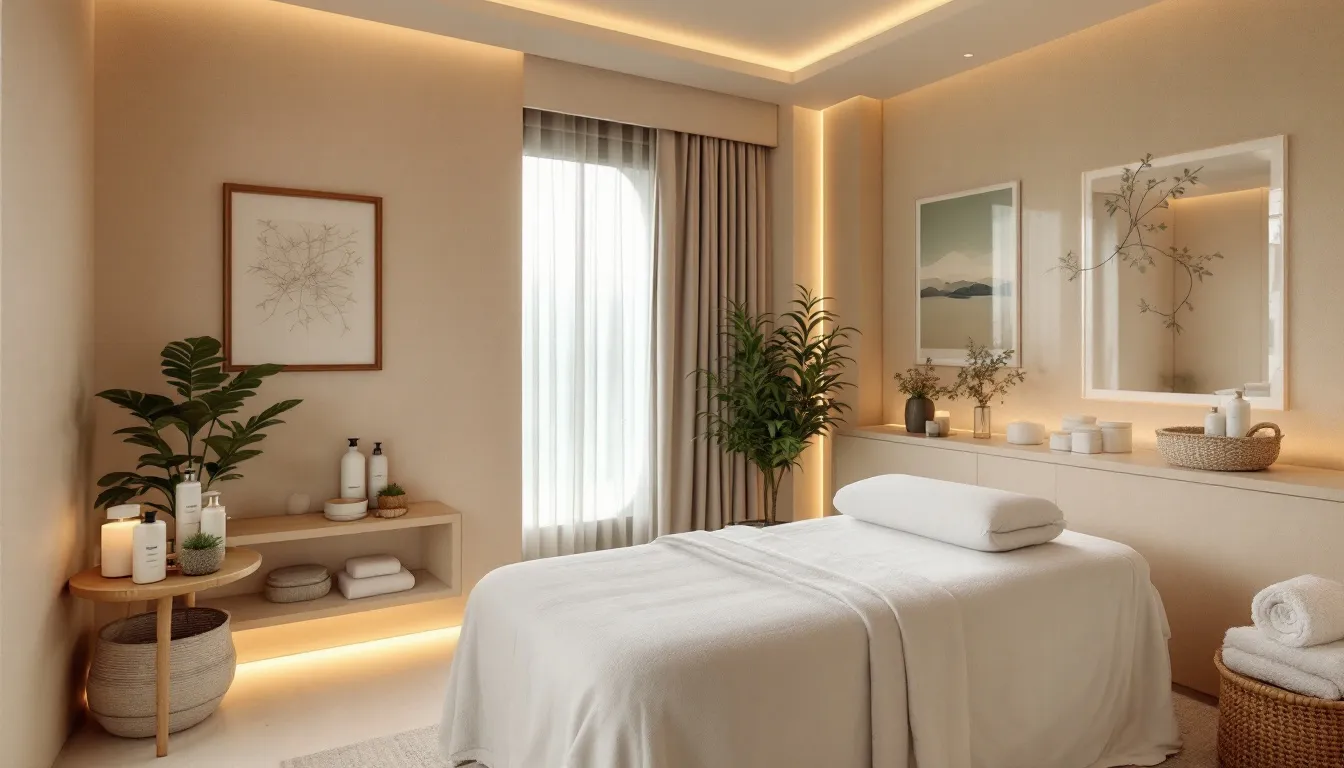 A luxurious hotel spa treatment room is elegantly arranged, showcasing various wellness packages and amenities designed for guest relaxation. The serene atmosphere emphasizes the hospitality industry's focus on guest satisfaction and effective revenue management strategies to enhance the overall experience.