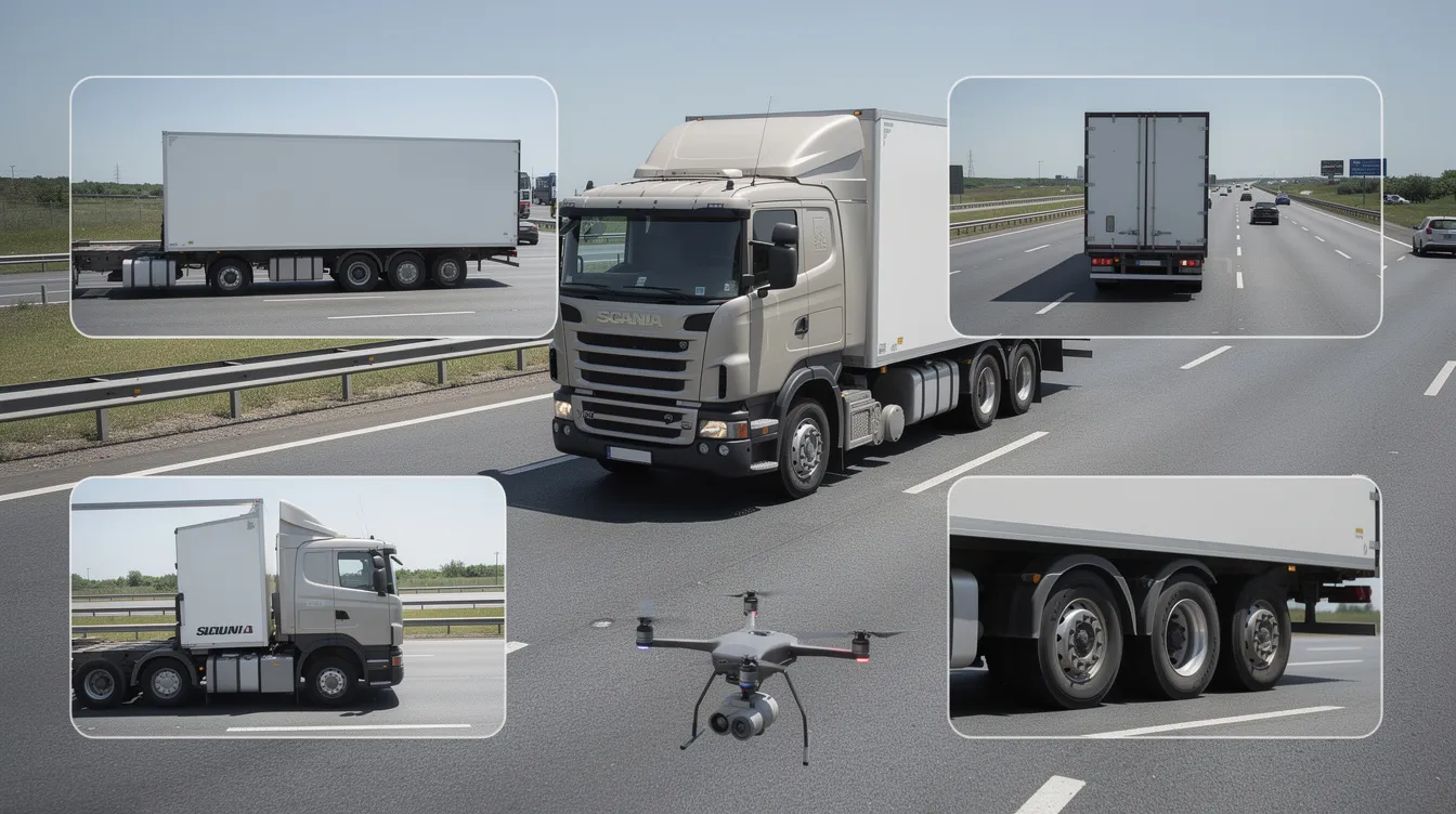 MDVR installation for commercial vehicles: The image depicts a heavy truck driving on a highway, showcasing multiple camera angles for optimal coverage, highlighting the importance of vehicle camera systems in fleet management. This setup enhances driver safety by capturing real-time footage and monitoring blind spots, ensuring crucial events and incidents are recorded for future reference.