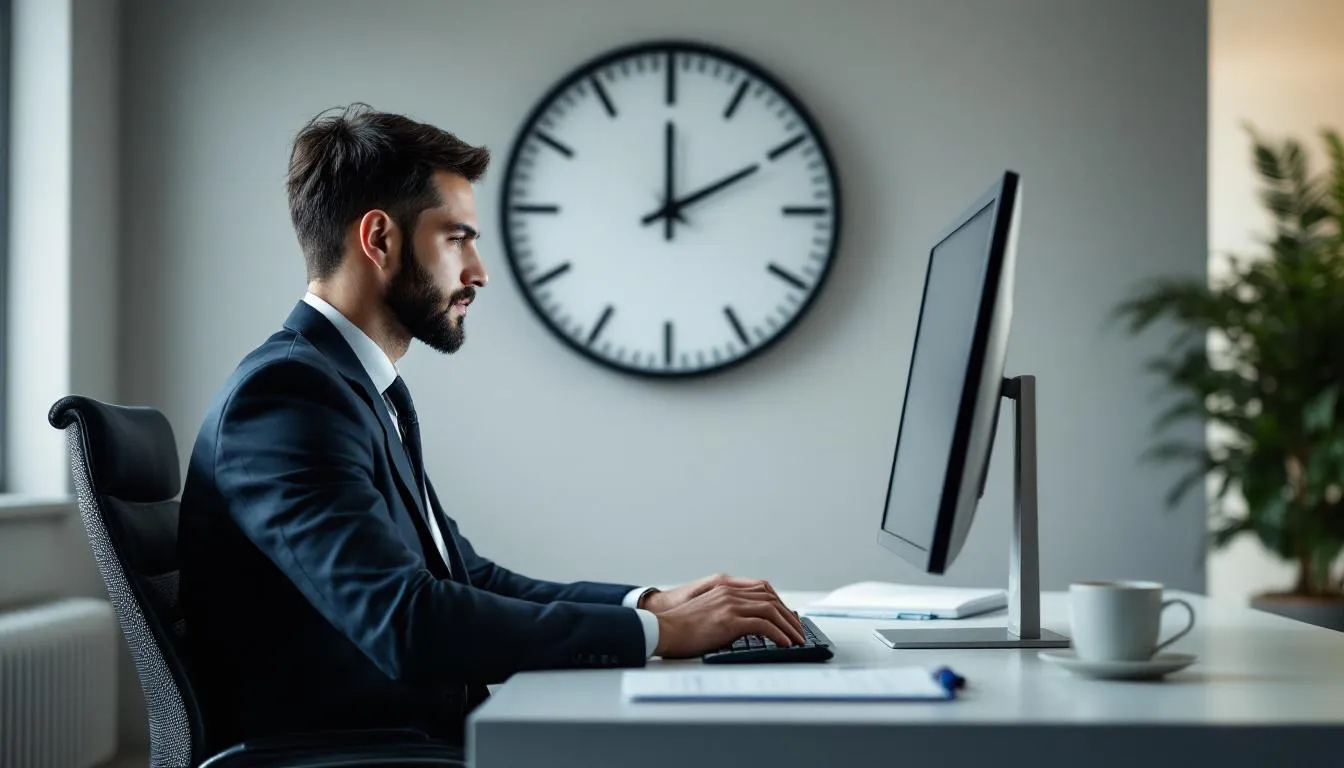 Ein Mitarbeitender sitzt an einem Schreibtisch und konzentriert sich auf seine Arbeit, während im Hintergrund eine Uhr die verstrichene Zeit anzeigt. Diese Szene spiegelt die Arbeitswelt wider, in der Zeitlohn und Arbeitsleistung eine wichtige Rolle spielen.
