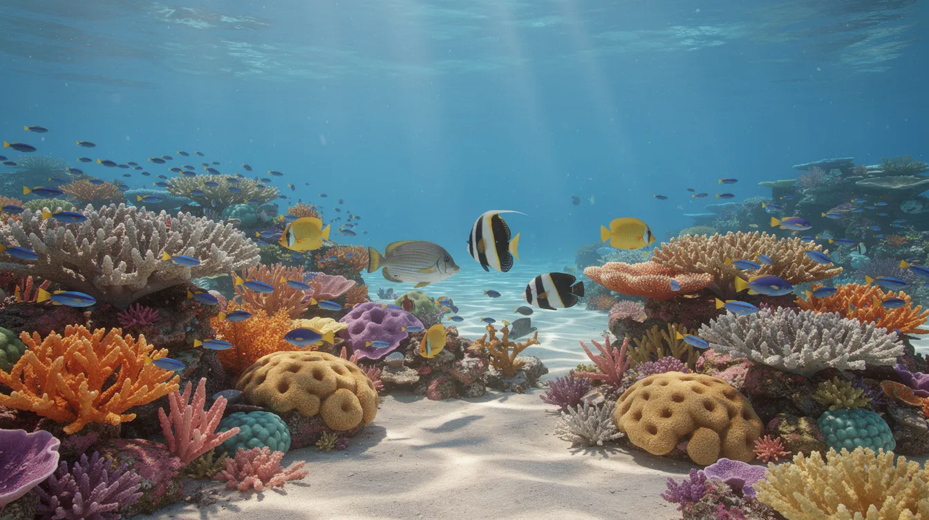 A vibrant coral reef scene showcases a variety of tropical fish swimming among colorful coral formations, capturing the beauty of underwater life. This stunning image can enhance wall space in any home decor, making it a perfect addition to art prints and photography collections.