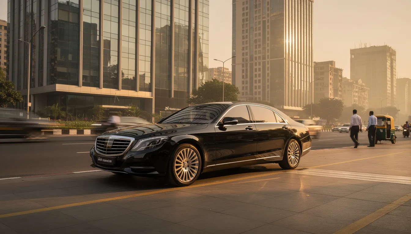 A sleek black Mercedes-Benz sedan is parked in front of a modern glass building in an Indian metro city, showcasing the ultimate luxury of luxury car rentals. This stylish luxury sedan represents the exclusive selection of high-end vehicles available for special occasions and corporate events.