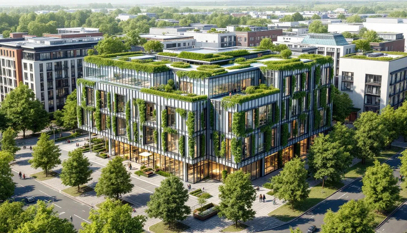 The image features a collection of modern UK architectural projects that emphasize sustainable design and innovative construction methods, showcasing various buildings that blend seamlessly into the built environment. It highlights the work of architectural practices and construction professionals who are redefining urban design while adhering to building codes and sustainable practices.