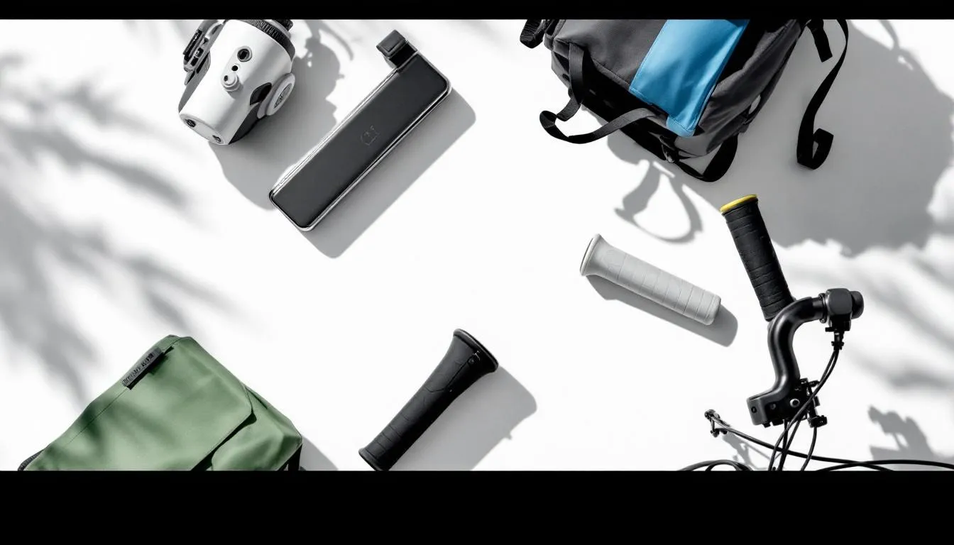 A variety of commuter gear for cycling, showcasing bags and ergonomic grips.