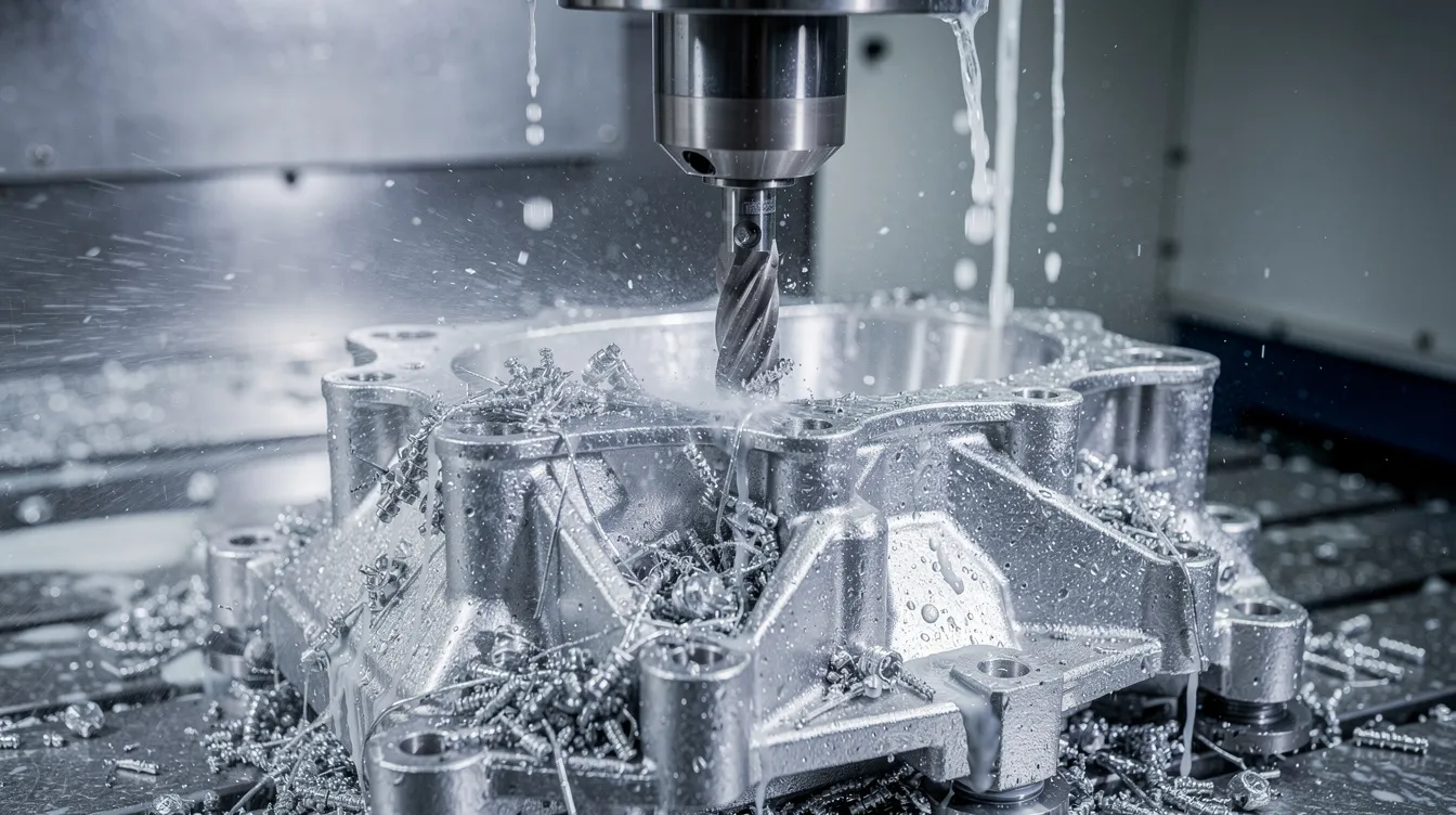 The image shows a close-up view of a five-axis CNC milling center actively machining a titanium aerospace component, with a fine mist of coolant spray being applied to maintain optimal temperature during the process. This advanced manufacturing technique is essential for producing high-quality aerospace components with tight tolerances, showcasing the capabilities of CNC machining in the aerospace industry.