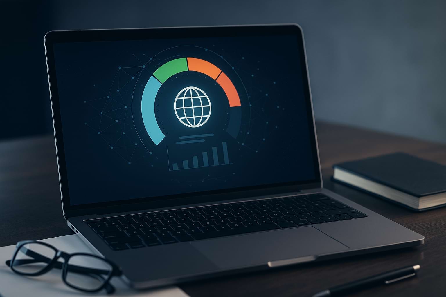 Conceptual representation of reputation scoring systems showing laptop with digital trust metrics in professional workspace.