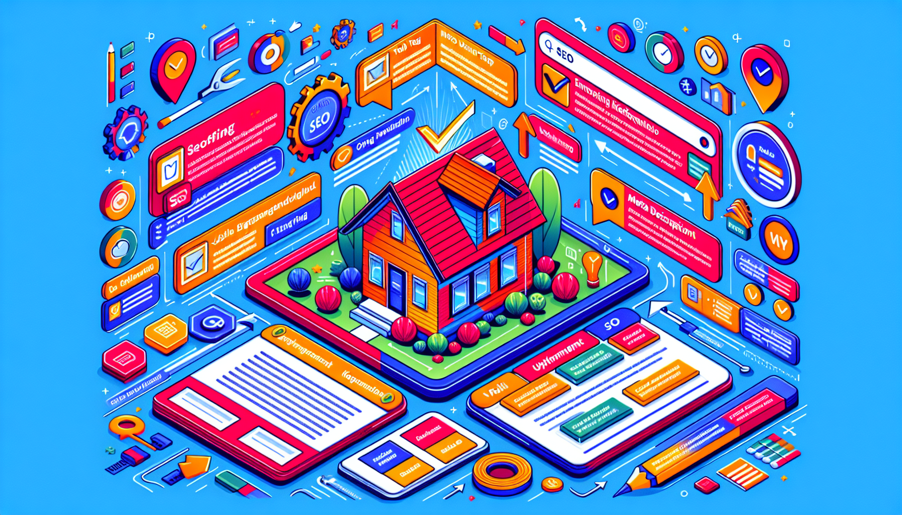 A creative illustration depicting on-page SEO strategies specifically tailored for roofing websites.