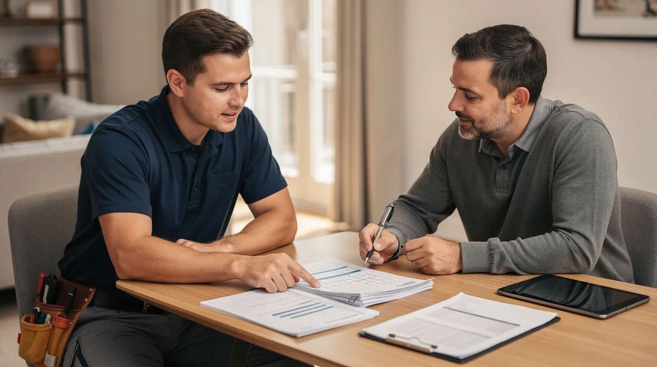 A service technician in a plain navy blue shirt is seated at a table with a customer, reviewing paperwork and discussing plans related to radon mitigation systems. They are likely addressing concerns about indoor air quality and evaluating strategies to reduce radon levels in residential properties.