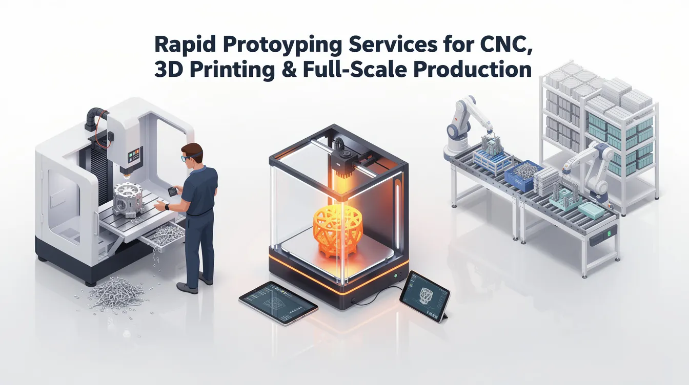 The image showcases various advanced manufacturing technologies used in rapid prototyping services, including CNC machining, 3D printing, and injection molding. It highlights the development process for creating fully functional prototypes and production quality parts across diverse industries, emphasizing rapid turnaround times and cost efficiency.