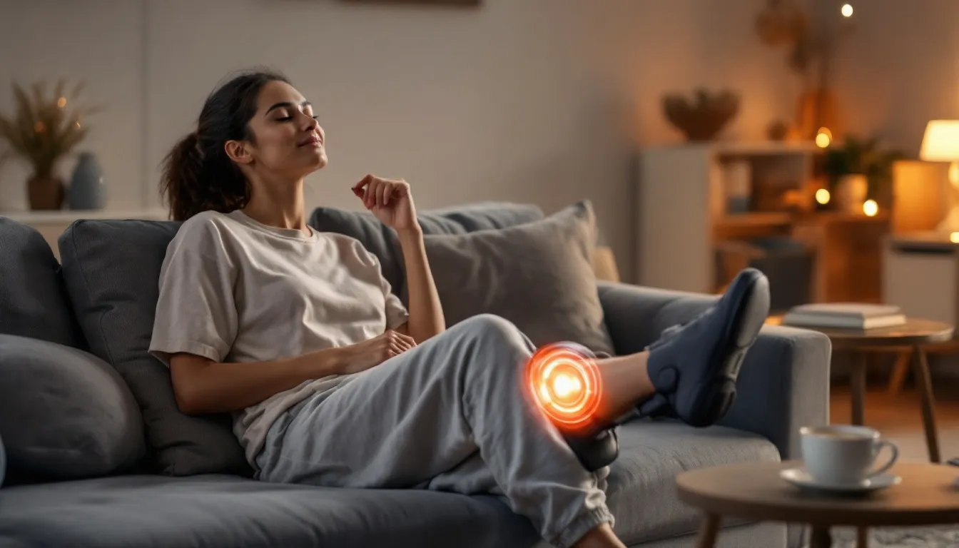 A person is relaxing at home while using a knee massager designed to relieve knee pain and discomfort. The device features customizable settings, including soothing heat and red light therapy, to enhance joint health and promote blood flow for lasting relief.
