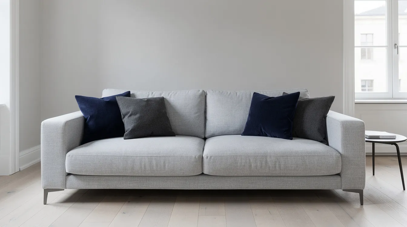 En ljusgrå soffa med kuddar i marinblått och grafitgrå är placerad i ett vardagsrum, vilket skapar en harmonisk och modern känsla. Kuddarna, som är i olika material och mönster, ger soffan en snygg kontrast och ett stilrent uttryck.