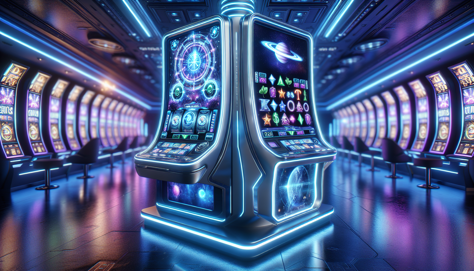 An illustration of a futuristic slot machine with dazzling lights and symbols