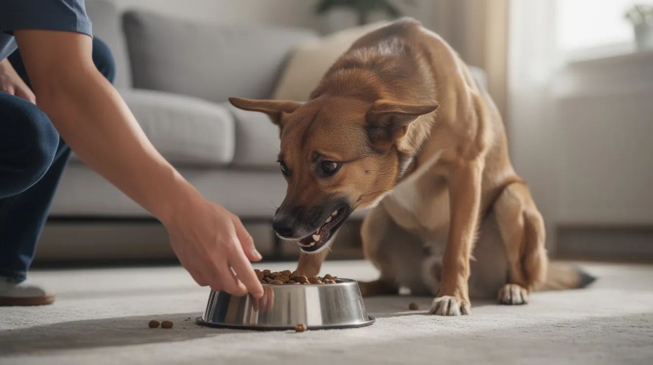 The image depicts a dog displaying resource guarding behavior over a high-value chew, with its body language showing signs of tension and protectiveness. The dog's posture suggests it is on alert, indicating a potential threat to its resource, while the environment around it appears calm and familiar.