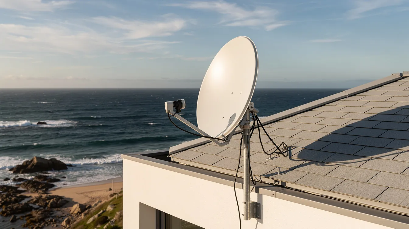 A satellite dish is securely mounted on the roof of a coastal property, with a stunning ocean view in the background, illustrating a setup ideal for DSTV installation services. This scene highlights the importance of professional DSTV installers in Knysna, ensuring a reliable viewing experience for clients.