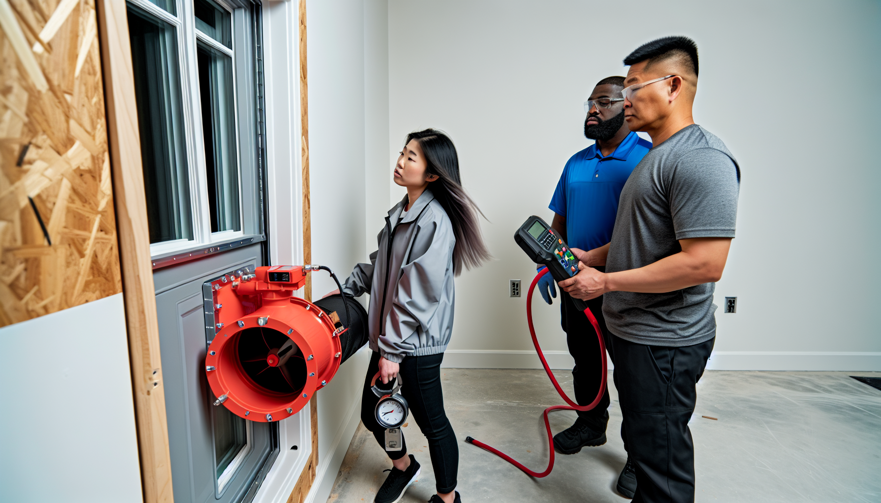 Photo of a blower door test being conducted