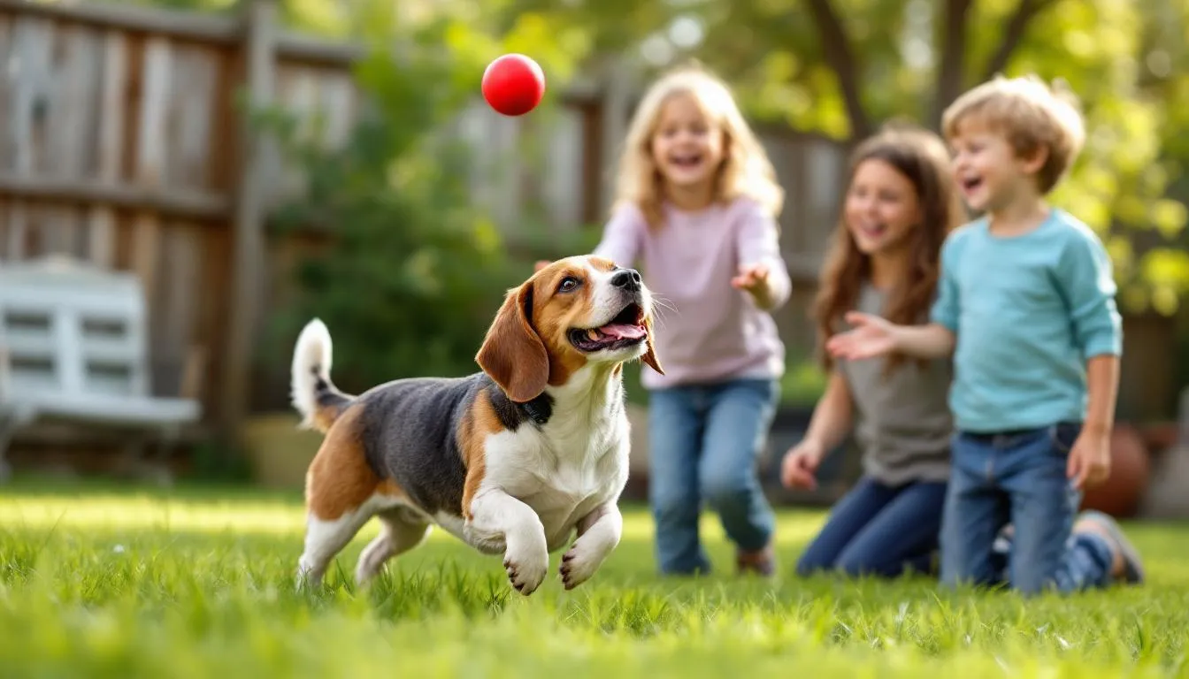 In a fenced backyard, a medium-sized Beagle joyfully plays fetch with three young children, showcasing its friendly and eager-to-please nature. This scene highlights the Beagle as an excellent family dog, known for getting along well with kids and being easy to train.