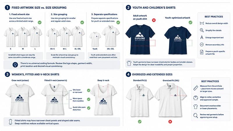 T-shirt logo placement adjustments across youth, fitted and oversized garments