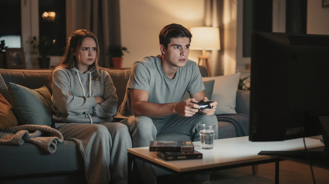 A couple sits on a couch, with the girlfriend looking frustrated while the boyfriend is absorbed in playing video games. This scene captures a moment of tension in their relationship, highlighting the importance of communication and effort in dating, whether met online or in real life.