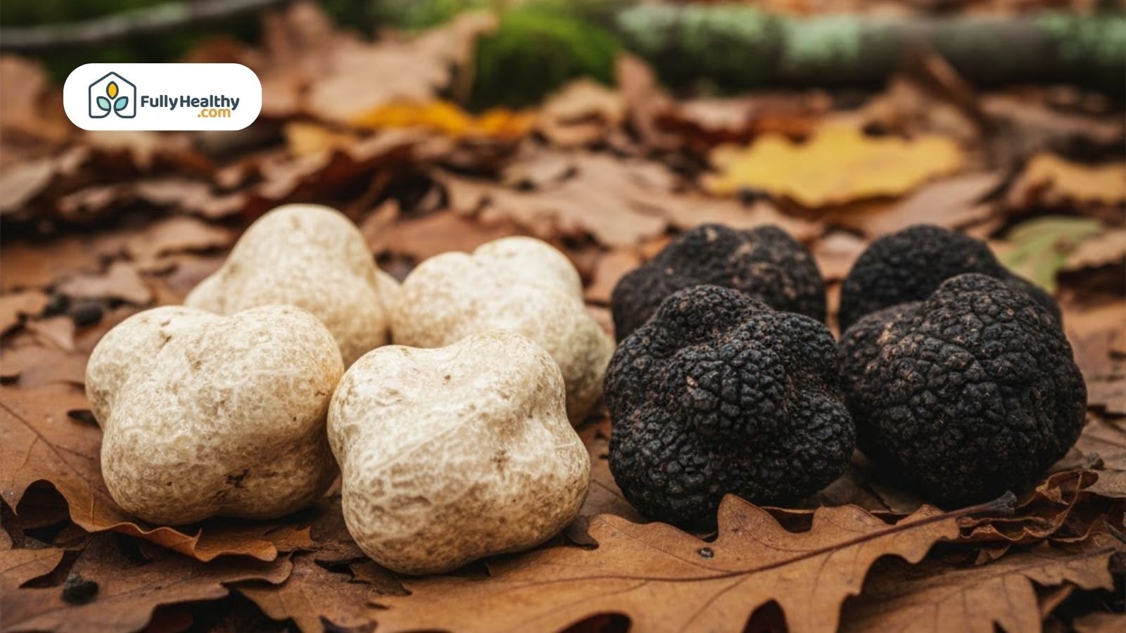 White and black truffles on forest leaves showing natural habitat.