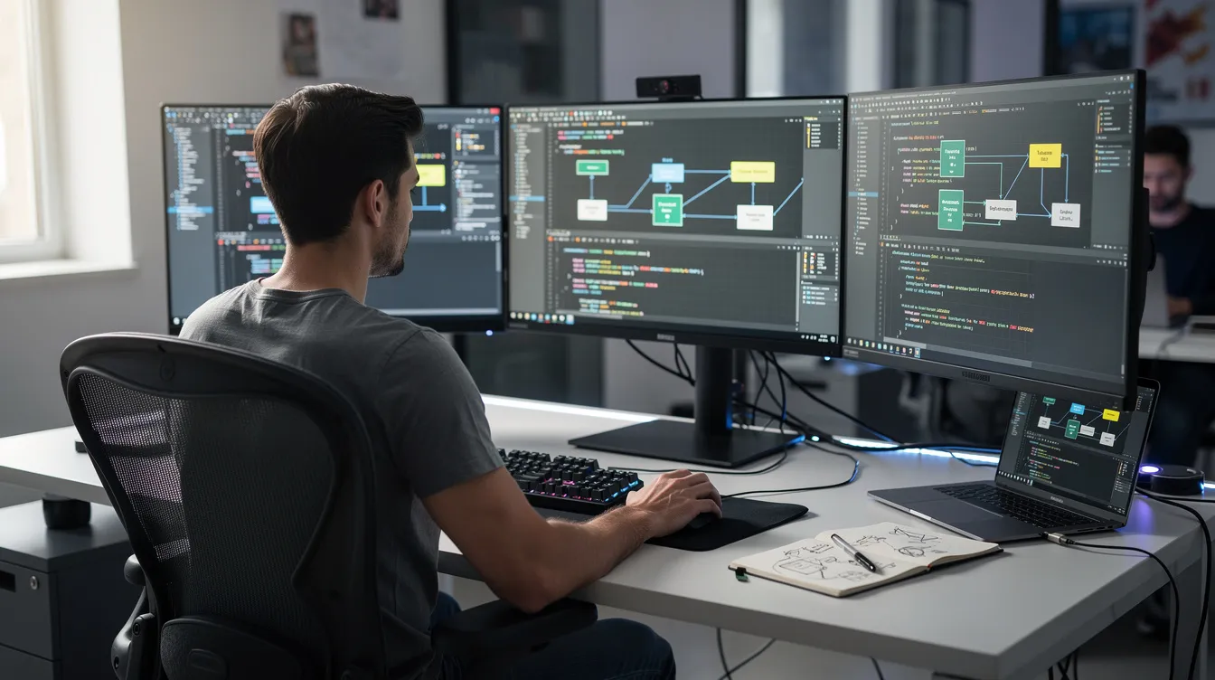 A developer sits at a desk surrounded by multiple monitors displaying lines of code and flowcharts, illustrating complex workflows and the use of langchain components. The workspace reflects a focus on building applications and enhancing AI agents through prompt engineering and retrieval augmented generation techniques.
