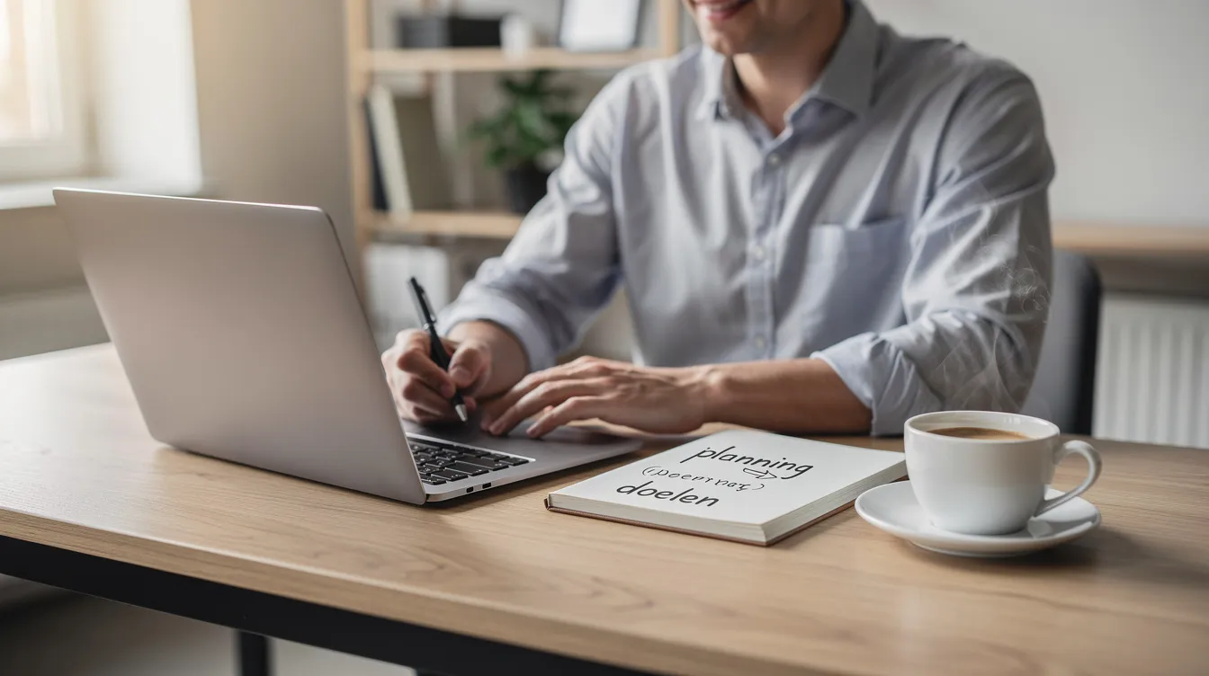 Een ondernemer zit achter een laptop en maakt aantekeningen in een notitieboek, terwijl een kop koffie op het bureau staat. Deze setting kan worden gebruikt om inzichten te verzamelen over het business model canvas en klantsegmenten.
