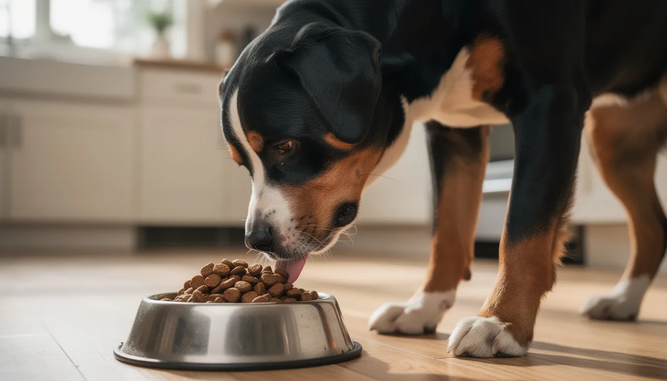 A Greater Swiss Mountain Dog is happily eating high-quality kibble from a dog bowl, showcasing its friendly temperament and large size. This adult dog, known for its calm nature and strong affinity for family members, is part of the Swiss mountain dog breeds, making it an ideal companion for pet parents.