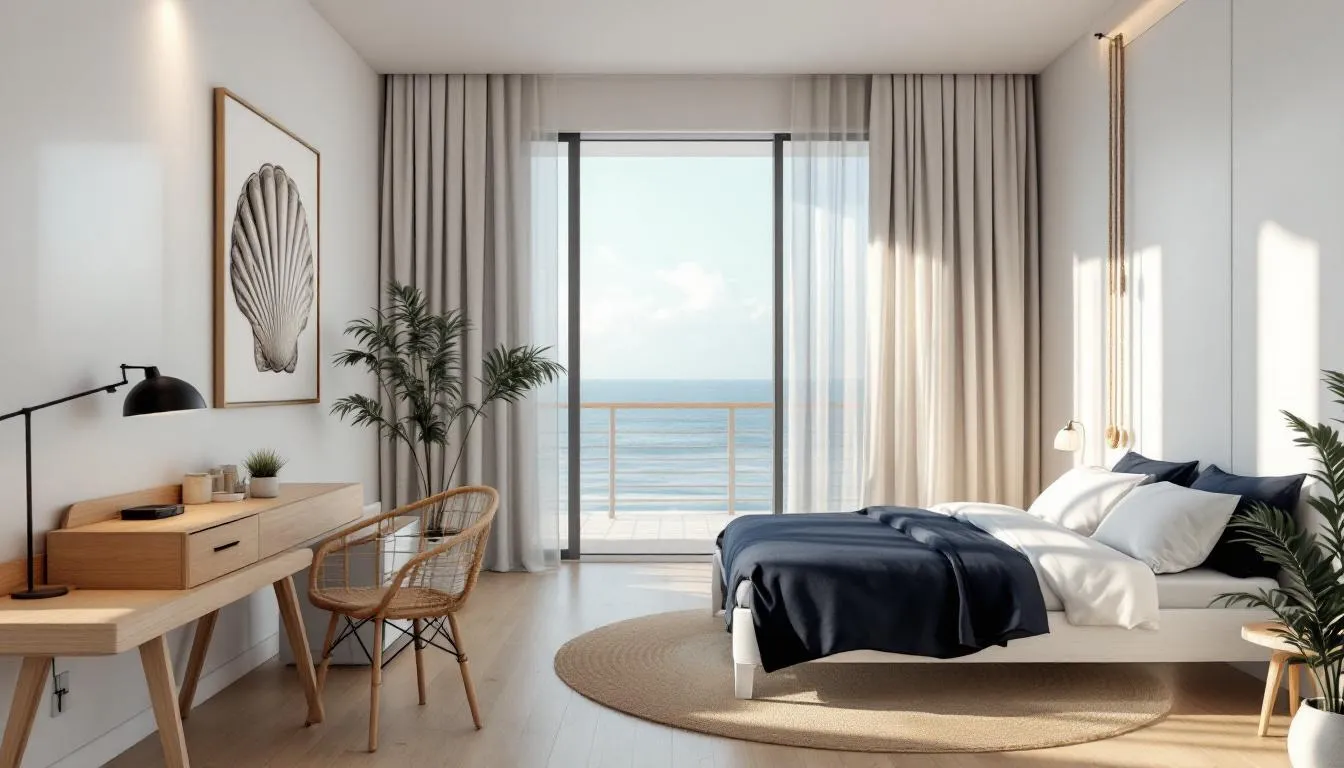 The image depicts a hotel room interior featuring coastal furnishings and a stunning view of the Atlantic Ocean, perfect for a beach getaway. The inviting atmosphere and modern amenities create a relaxed retreat, ideally located near New Smyrna Beach and local shops.
