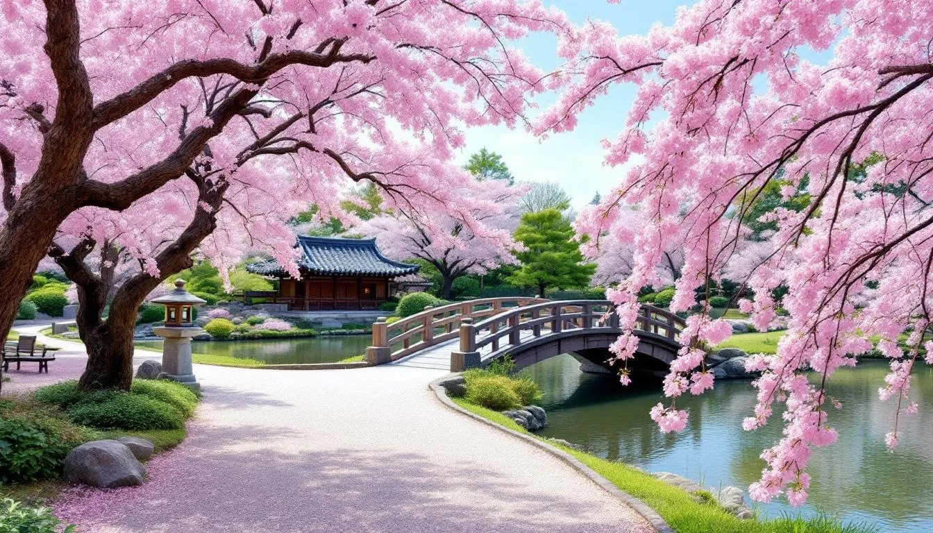 In a serene Japanese garden, delicate cherry blossoms bloom vibrantly against a tranquil backdrop, creating a picturesque setting perfect for romantic hotel packages or unforgettable experiences. The scene invites guests to immerse themselves in local culture while enjoying nearby attractions and spa treatments.