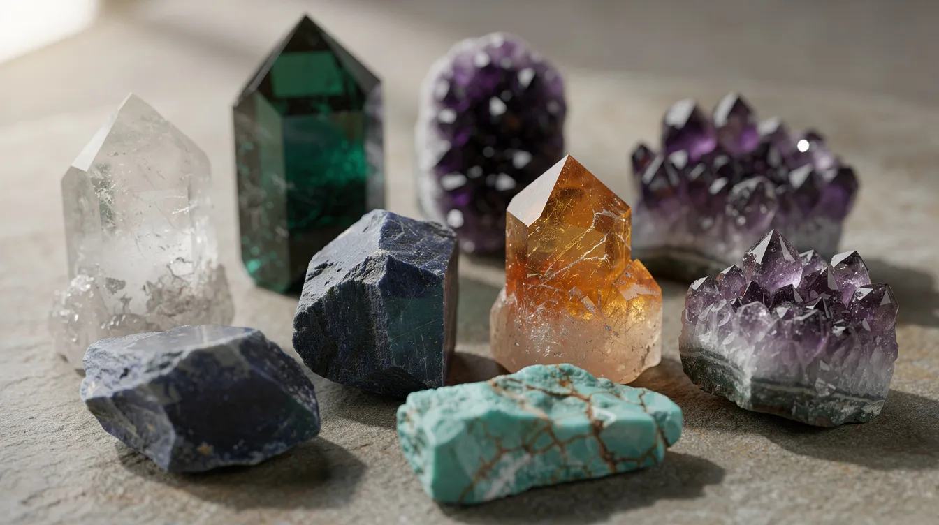 The image features a variety of rough gemstone crystals in their natural formations, showcasing an array of colors and textures, including shades of blue-green, pale yellow, and golden brown. These semi-precious stones, such as rose quartz and lapis lazuli, highlight the beauty and diversity of gemstones used in jewelry making and decorative objects.