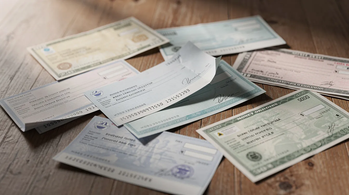 The image shows a variety of paper payment documents, including personal checks and money orders, spread out on a wooden table. These documents represent common methods for sending money, such as cashing a money order or paying bills, highlighting their importance in personal finance and banking transactions.
