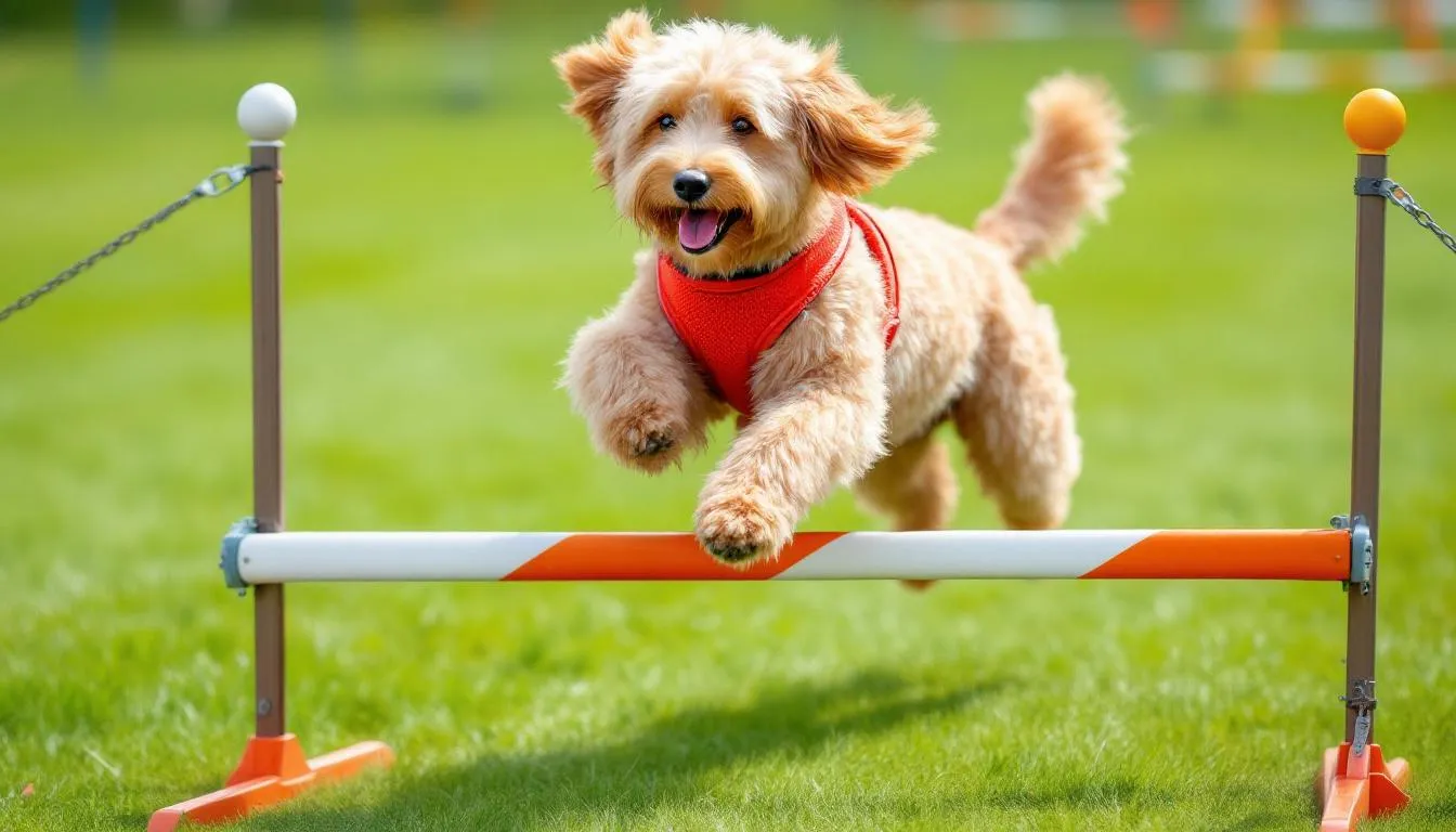A goldendoodle expertly navigates an agility course obstacle, demonstrating their high intelligence and trainability, traits that make them one of the smartest dog breeds. This playful and athletic dog showcases the skills often associated with their parent breeds, golden retrievers and poodles, highlighting their ability to learn commands and perform tricks with ease.