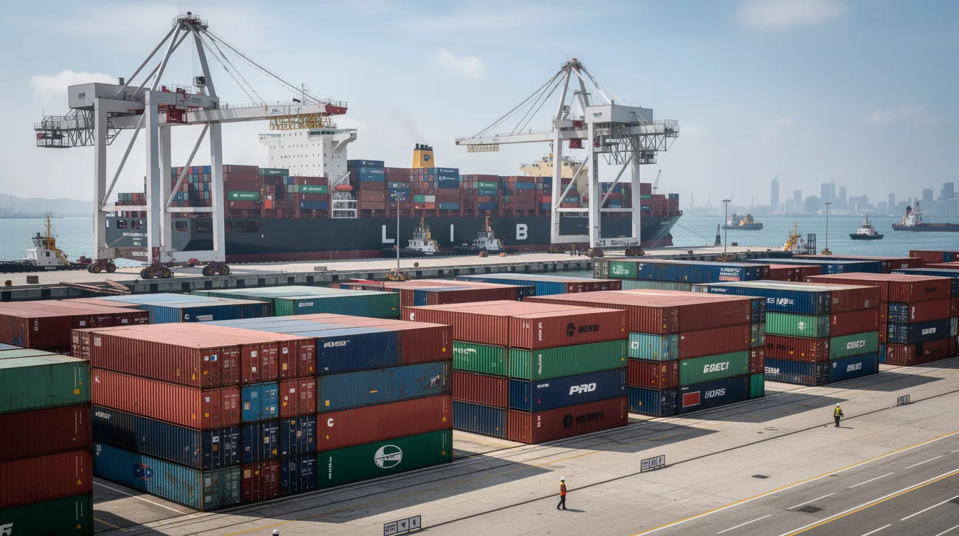 The image shows a bustling port in Northern Ireland, with cargo containers stacked high and cranes actively loading and unloading ships in the background. This scene highlights the importance of cross-border trade and logistics in the region, emphasizing the role of Northern Irish exports in the European Union's customs union.