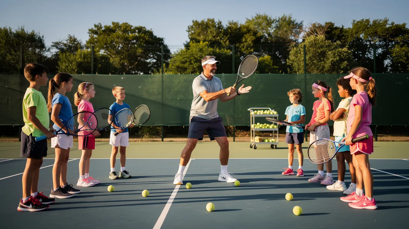 A group of children is enthusiastically playing tennis on an outdoor court, while a coach demonstrates proper form and technique. The scene captures the joy of learning the sport, reminiscent of the excitement found in major tournaments like the Australian Open or the French Open, where champions like Novak Djokovic showcase their skills.