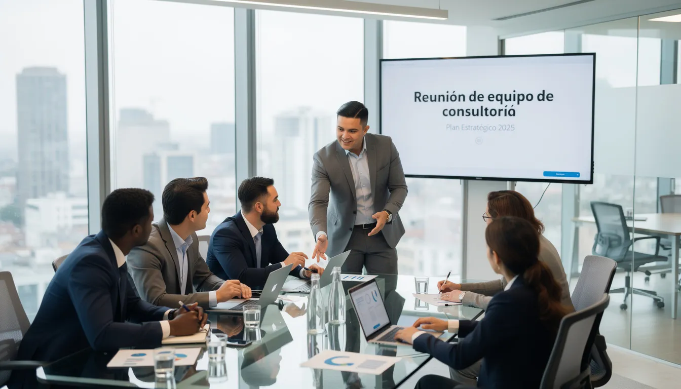 Una reunión de equipo de consultoría se lleva a cabo en una oficina moderna, donde varios profesionales discuten estrategias y comparten información sobre cómo mejorar el posicionamiento web de su empresa. En la mesa, hay laptops abiertas, documentos y tazas de café, mientras los participantes intercambian ideas sobre preguntas frecuentes y contenido relevante para sus clientes.